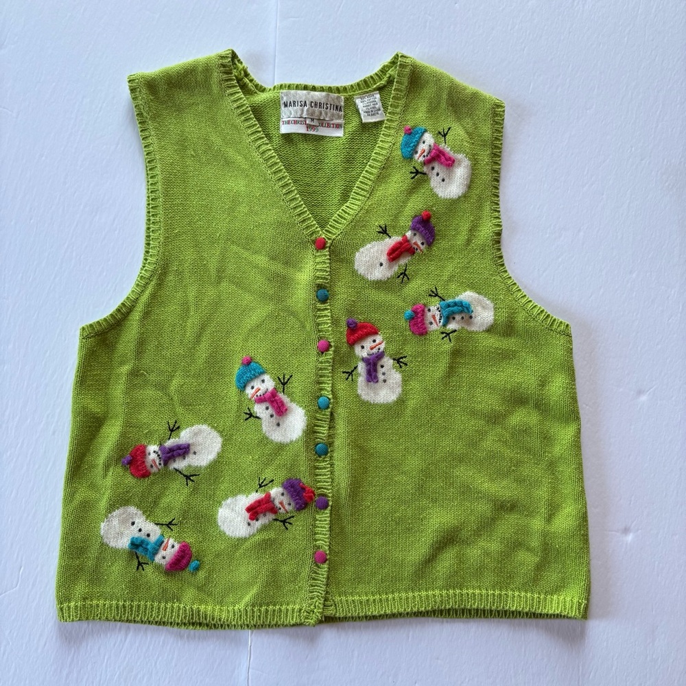 Vintage Marisa Christina 1999 Green Christmas Snowmen Sweater Vest